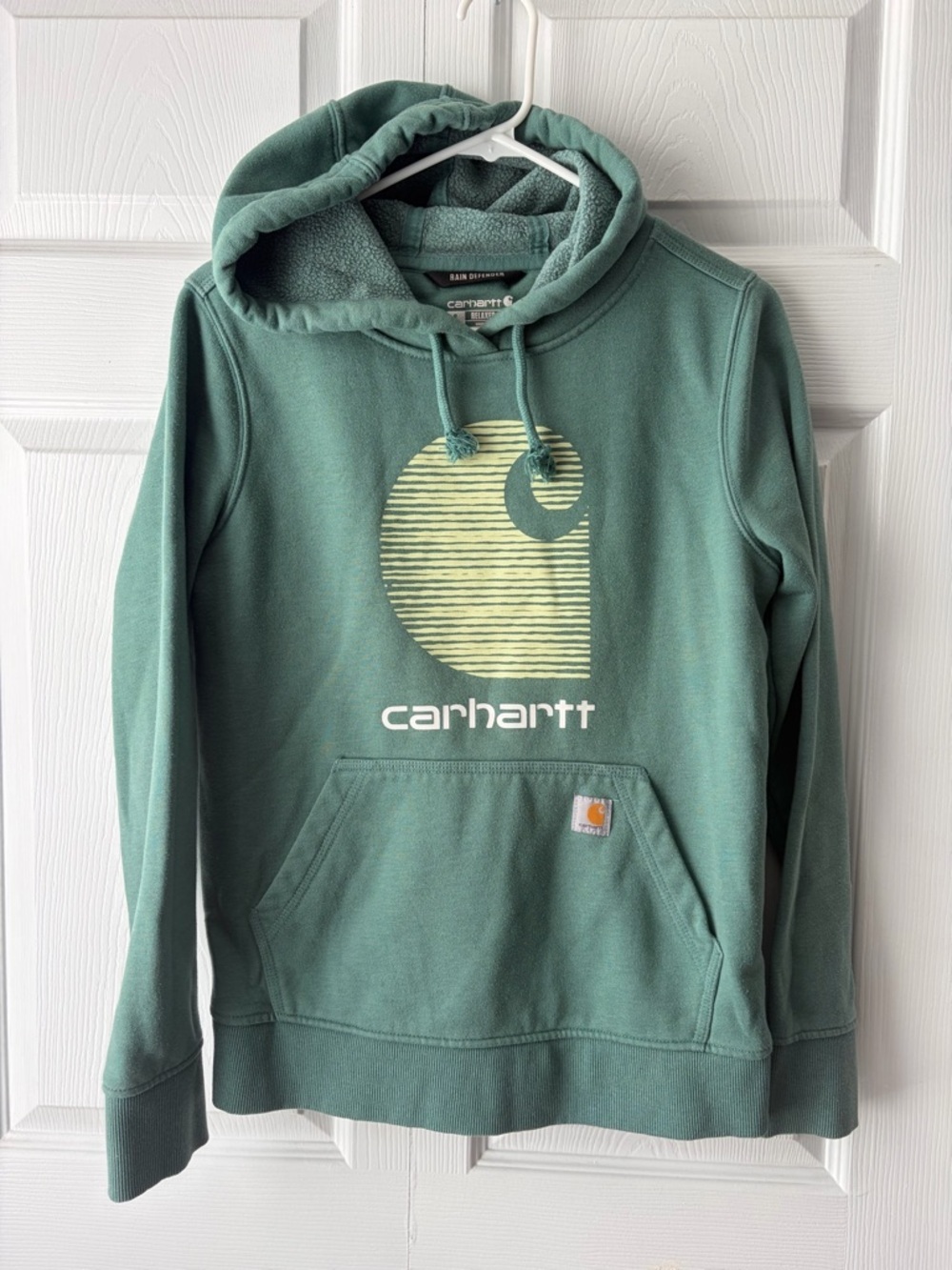 Carhartt Teal Green Crewneck Hoodie with Yellow Graphic